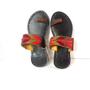 NWT Masai Leather Beaded wedge Toe Loop Sandals Brown Red Gold Size 38‎ NEW